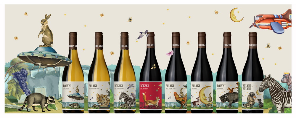 Új, színes, fantáziadús boroscímke-család az egri Bolyki Pincészet borain, Ipacs Géza tervezésében.